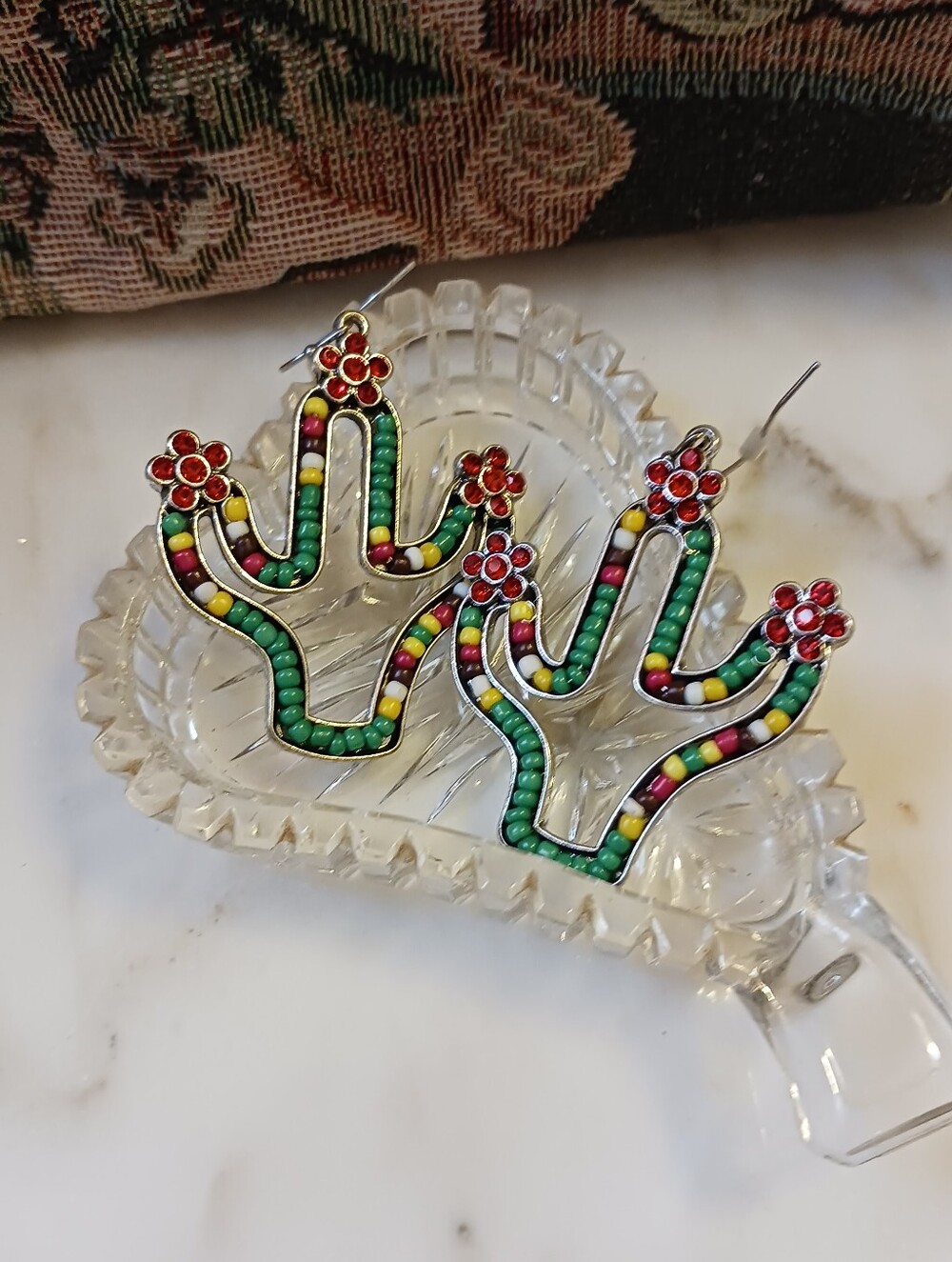 NWT Wildflower Cactus Earrings, Rhinestone Blooms, Gift Box - Picture 2 of 8